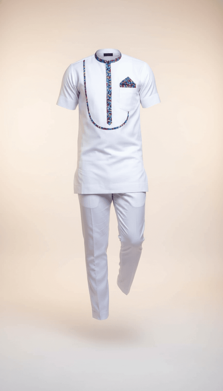 Light Grey Cotton Two-Piece Set with Patterned Trim