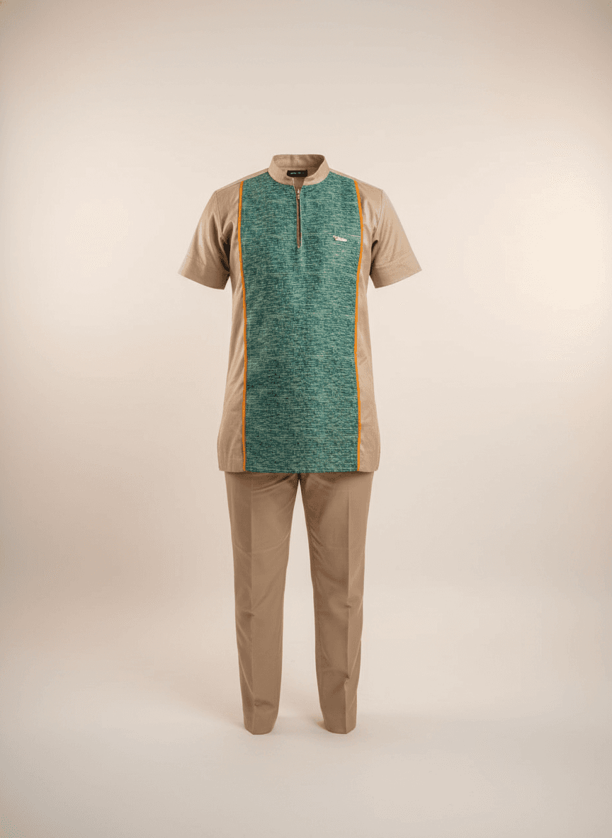 Tan and Teal Cotton Two-Piece Set