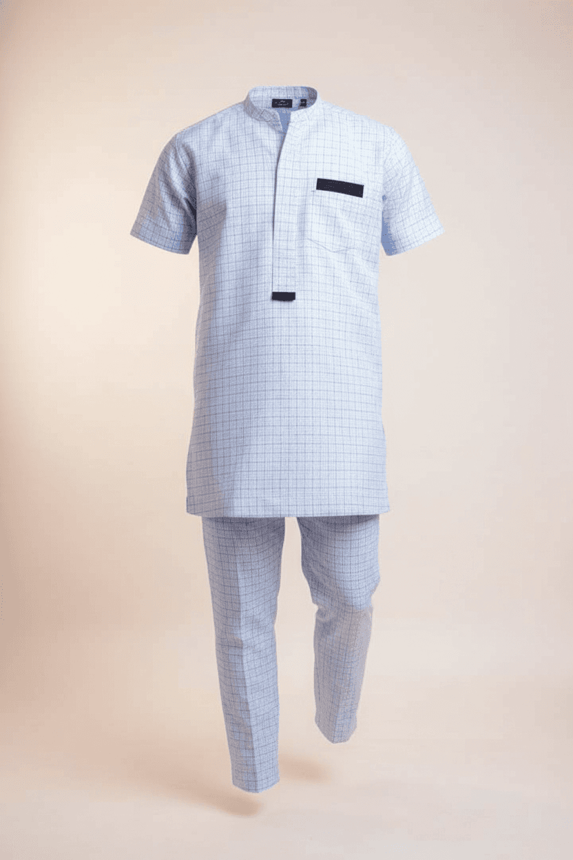 White and Light Blue Check Cotton Two-Piece Set